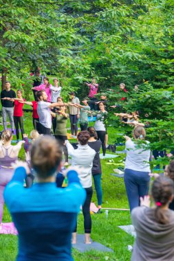 Lviv, Ukrayna - 2 Temmuz 2021: Şehir parkındaki birçok insan yoga yapıyor.