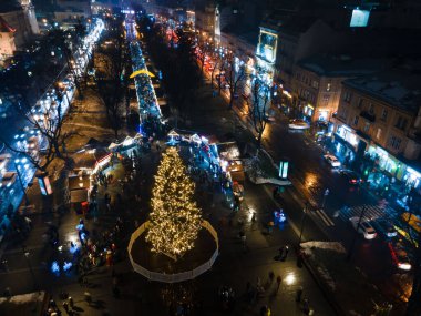overhead view of christmas tree square in Lviv city Ukraine