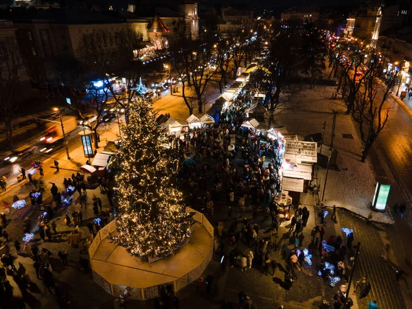 Overhead View City Center Christmas Holidays Overcrowded Square Street Food — 스톡 사진