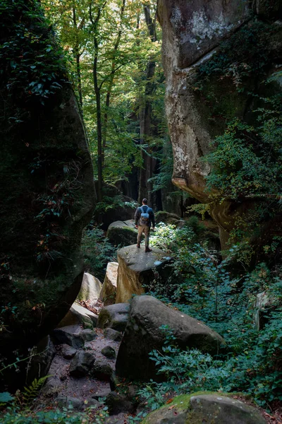 Uomo Escursionista Con Zaino Canyon Con Foresta Dovbush Rocce Ucraina — Foto Stock