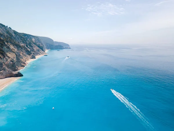 Aerial View Egremni Beach Lefkada Island Speed Boat Blue Water — Stock Photo, Image
