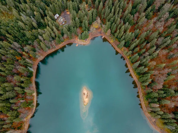 aerial view of autumn carpathian lake in ukraine mountains copy space