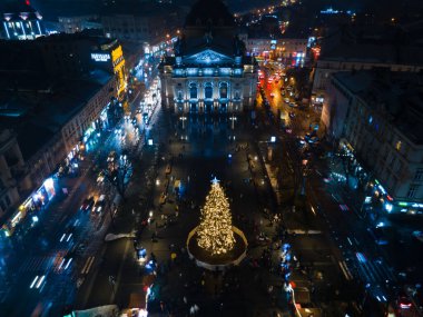 overhead view of christmas tree square in Lviv city Ukraine