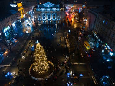 overhead view of christmas tree square in Lviv city Ukraine