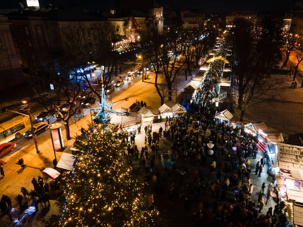 Overhead View City Center Christmas Holidays Overcrowded Square Street Food — Zdjęcie stockowe