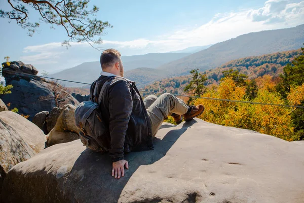 Man Hiker Sitting Rock Enjoying Autumn Landscape Copy Space — Stockfoto