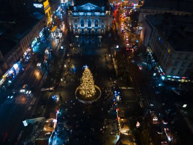 overhead view of christmas tree square in Lviv city Ukraine