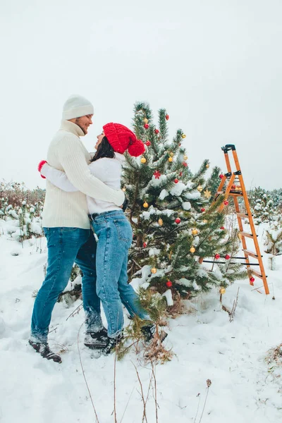 Pár Díszítő Karácsonyfa Szabadban Havas Tél Szabadban — Stock Fotó