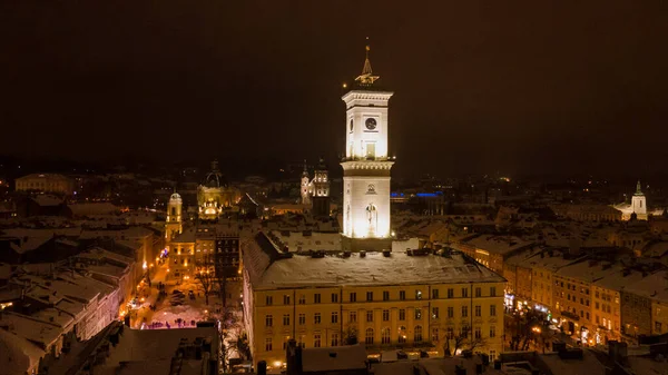Vanuit Lucht Uitzicht Nacht Winter Lviv Centrum Bedekt Met Sneeuw — Stockfoto