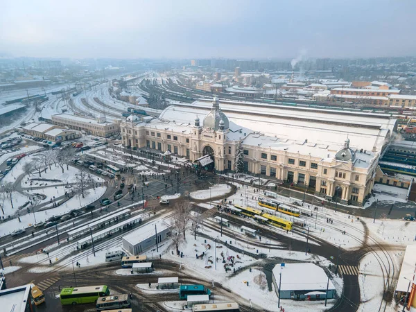 Vista Aerea Della Stazione Ferroviaria Leopoli Inverno Hub Trasporto Tempo — Foto Stock