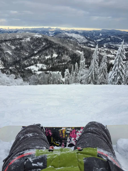 Snowboardista Kopci Těší Hory Krajiny Hlediska — Stock fotografie