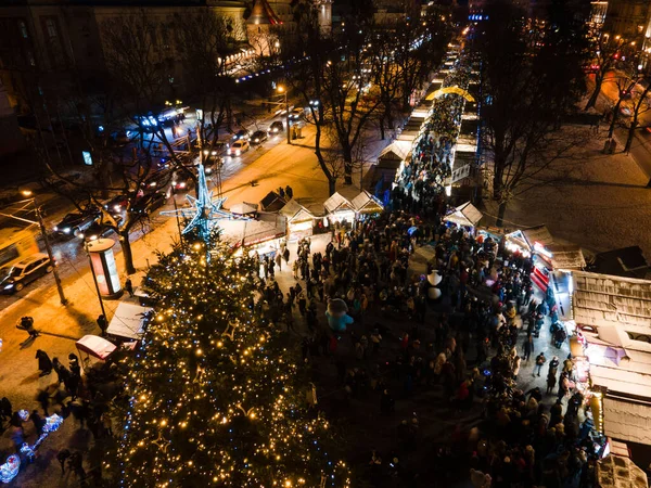 Overhead View City Center Christmas Holidays Overcrowded Square Street Food — 스톡 사진