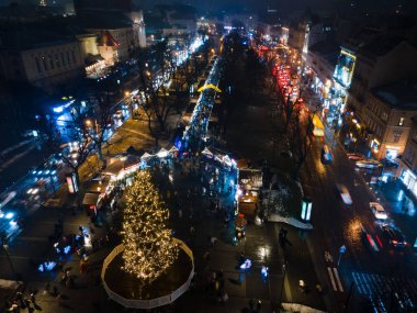overhead view of christmas tree square in Lviv city Ukraine