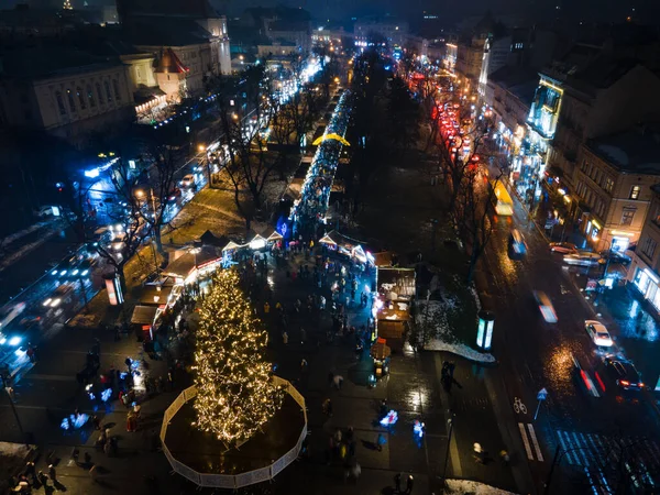 Overhead View Christmas Tree Square Lviv City Ukraine — Stock fotografie