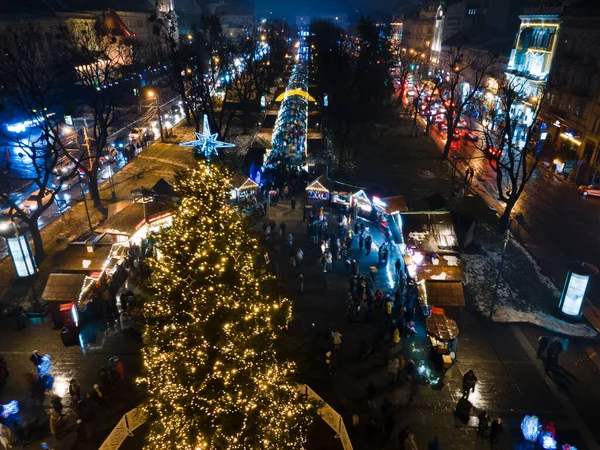 Overhead View Christmas Tree Square Lviv City Ukraine — Fotografia de Stock