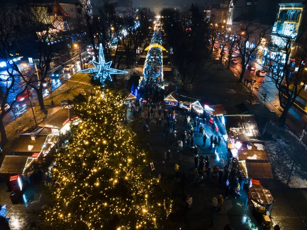 Overhead View Christmas Tree Square Lviv City Ukraine — Stockfoto