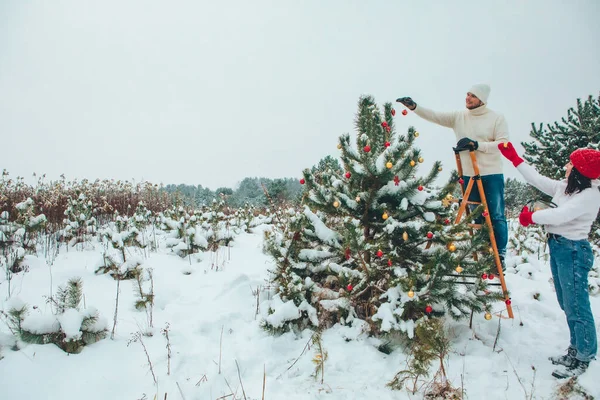 Pár Díszítő Karácsonyfa Szabadban Havas Tél Szabadban — Stock Fotó