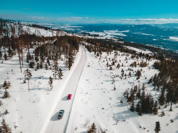 Aerial View Snowed Road Tatra Mountains Car Travel Concept — Stock Photo, Image