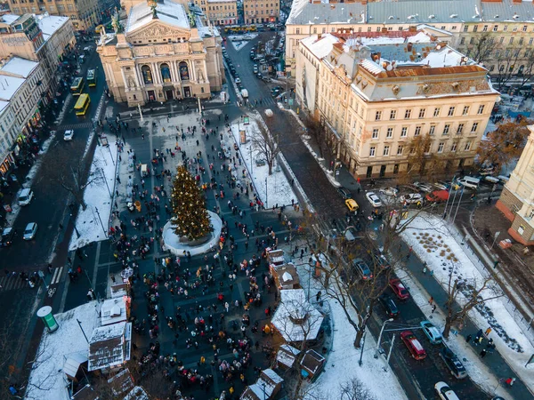 Overhead View City Center Christmas Holidays Overcrowded Square Street Food — Fotografia de Stock