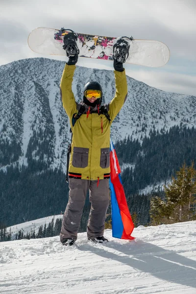 Man Snowboarder Slovakia Flag Ski Resort Slope Beautiful Mountains Landscape — Stock Photo, Image