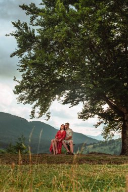 a couple sits on a bench by a big old beech tree with a view of the carpathians mountains