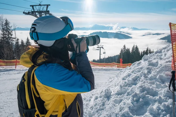 Woman Skier Taking Picture Mountains Copy Space — Stock Fotó