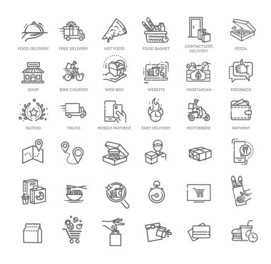 Yemek servis ikonları ayarlandı. Gıda dağıtım vektör simgelerinin ana hatları