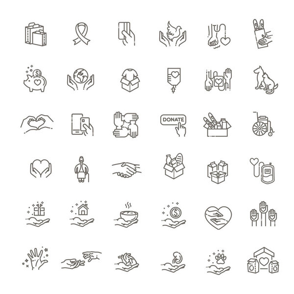 Charity, donation and volunteering icon set in thin line style