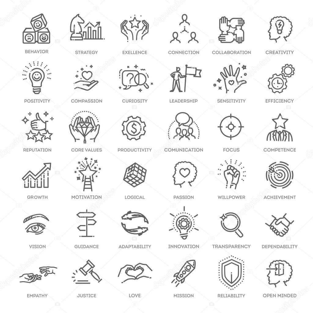 Growth chart, innovation, core values network. Vector icons