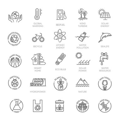 Ekoloji ve yeşil enerji, ince çizgi ikonu seti. Taslak simge koleksiyonu.