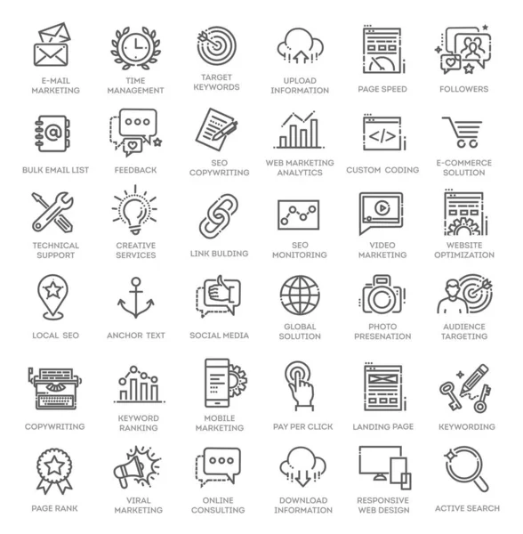 Conjunto de iconos web de esquema - Optimización del motor de búsqueda. Colección de iconos web de línea delgada. — Vector de stock