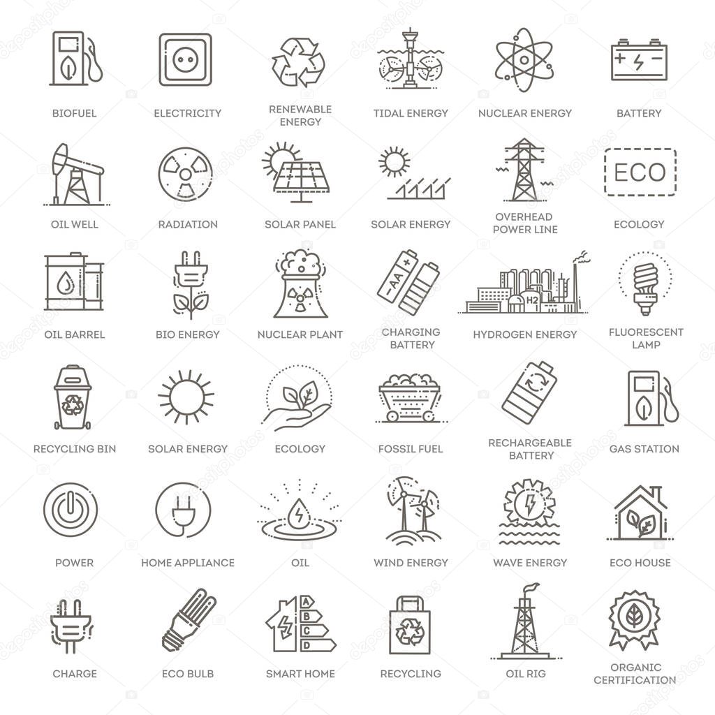 Collection of linear style vector icons on the theme of electric power. Renewable and non-renewable resources