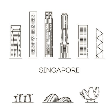 Singapur mimari satır manzarası illüstrasyon. Doğrusal vektör cityscape ünlü simge ile
