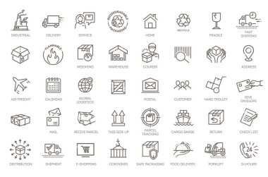 Nakliye, lojistik, müşteri hizmetleri, para iadesi ve daha fazlasını temsil eden simgelerin koleksiyonları