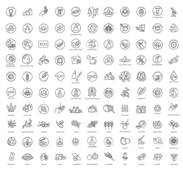 Doğal besin düz çizgi ikonları. Paketleme için ince işaretler