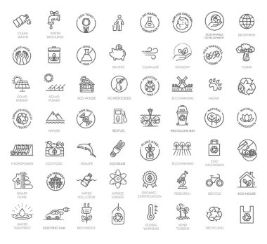 Ekoloji ve yeşil enerji, ince çizgi ikonu seti. Taslak simge koleksiyonu.