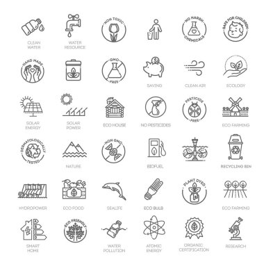 Ekoloji ve yeşil enerji, ince çizgi ikonu seti. Taslak simge koleksiyonu.