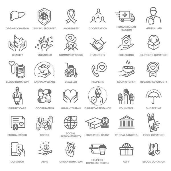 Set of charity line icons. Simple pictograms pack