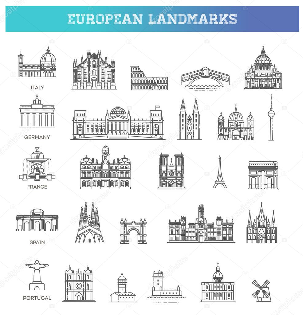 Flat line design style vector illustration icons set and logos of top tourist attractions, historical buildings, towers