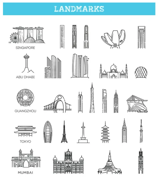 Conjunto de iconos de vectores lineales simples que representan lugares de interés turístico asiático global y destinos de viaje para vacaciones — Vector de stock