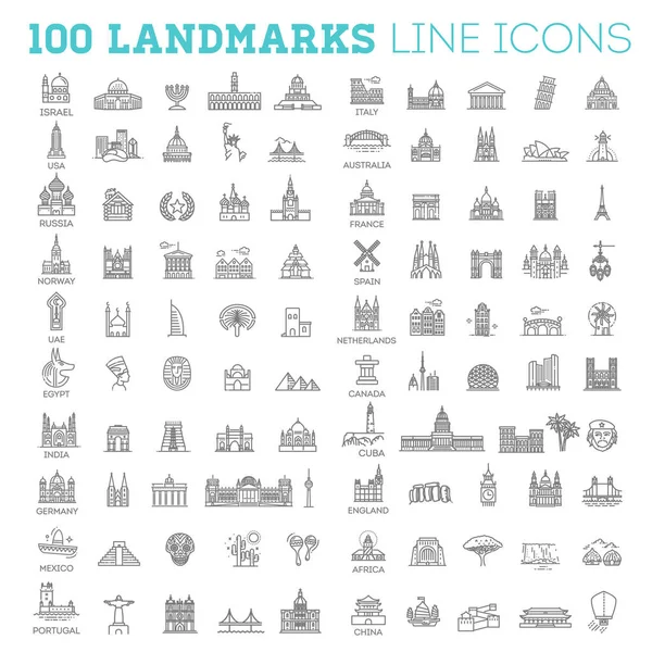 100 Platt linje design stil vektor illustration ikoner set och logotyper av främsta turistattraktioner, historiska byggnader — Stock vektor