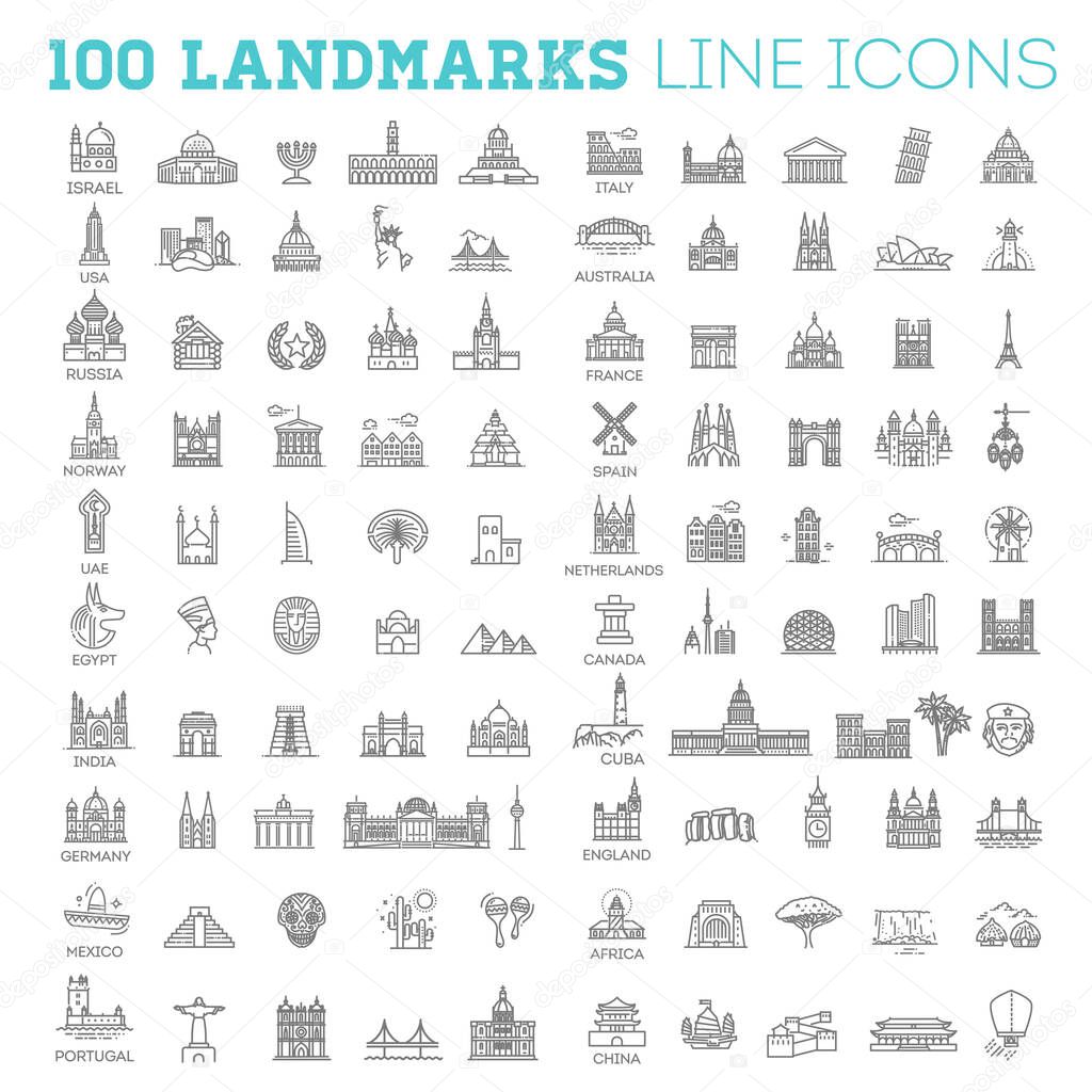 100 Flat line design style vector illustration icons set and logos of top tourist attractions, historical buildings