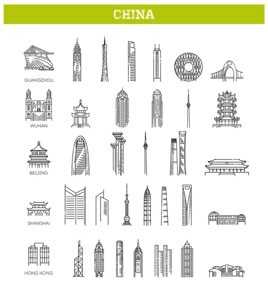 Conjunto de iconos de vectores lineales simples que representan lugares de interés turístico asiático global y destinos de viaje para vacaciones — Vector de stock
