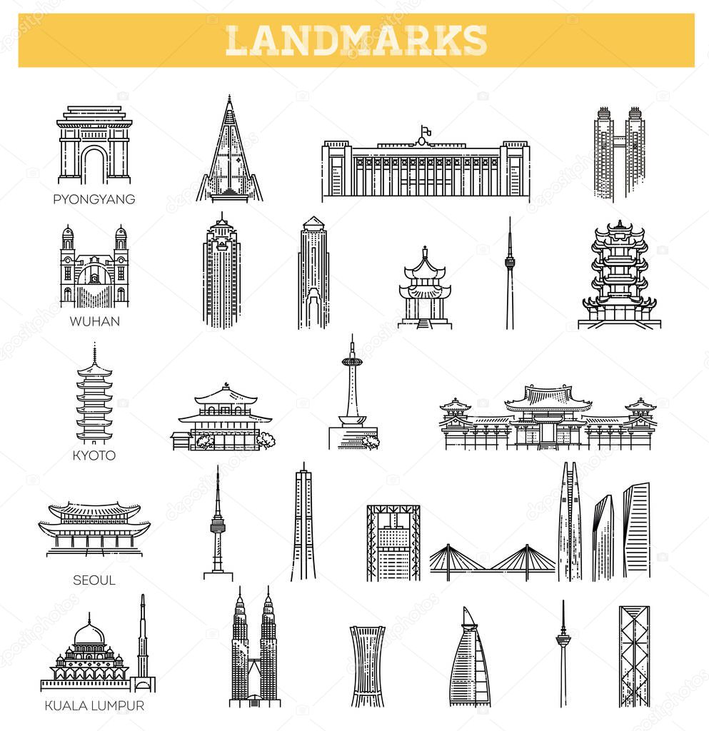 Simple linear Vector icon set representing global tourist asian landmarks and travel destinations for vacations