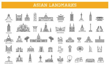 Küresel turistik Asya simgelerini ve tatil beldelerini temsil eden basit doğrusal vektör simgesi