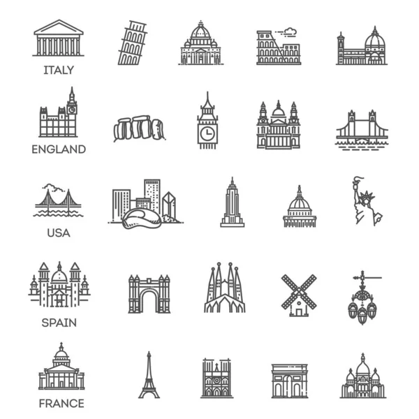 一流旅游景点 历史建筑 塔楼的平面线条设计 矢量图片集和标志 — 图库矢量图片