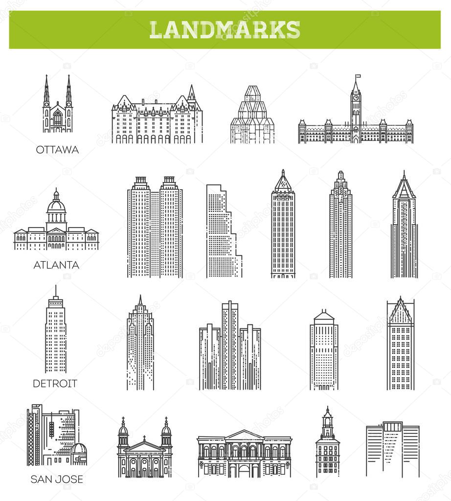 Flat line design style vector illustration icons set and logos of top tourist attractions, historical buildings, towers