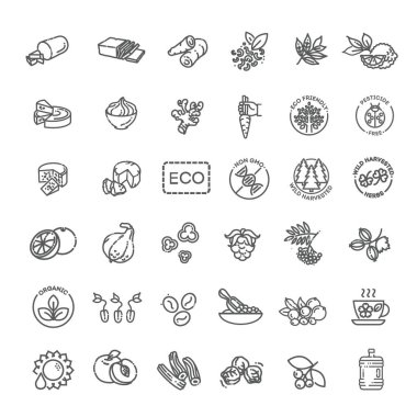 Organik yiyecekler. Yiyecek ve içecek ince vektör simgesi ayarlandı