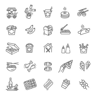 Beyaz arkaplanda izole edilmiş web tasarımı için yiyecek mahkemesi vektör simgelerinin ana hatları