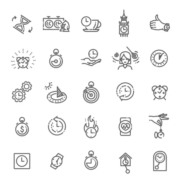 時間と日付の関連する線のアイコンセット。時間と時計の線形アイコン。カウントダウン&タイマーアウトラインベクトル記号コレクション — ストックベクタ